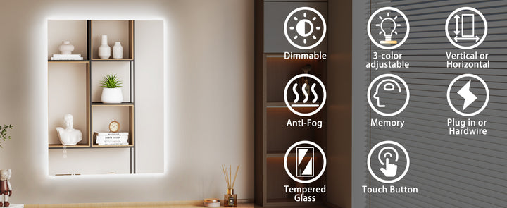 Elevate Home Modern Frameless LED Lighted Anti-Fog Dimmable Tempred Bathroom&Vanity Mirror #BL02