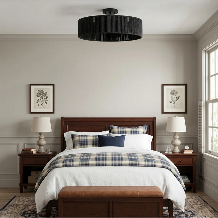 24" 5-Light Polished Brass Rattan Drum Semi-Flush Mount Ceiling Light, Boho Farmhouse Dimmable Fixture for Bedroom & Living Room #53007