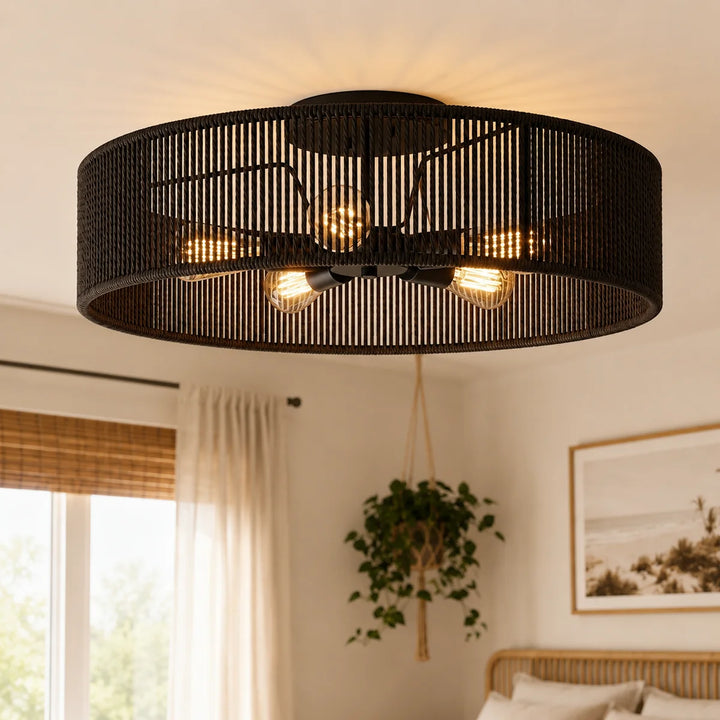 24" 5-Light Polished Brass Rattan Drum Semi-Flush Mount Ceiling Light, Boho Farmhouse Dimmable Fixture for Bedroom & Living Room #53007