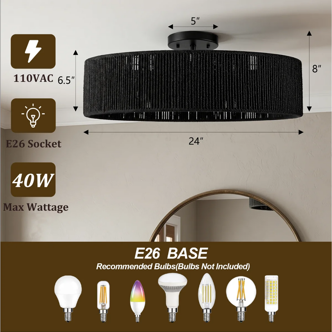 24" 5-Light Polished Brass Rattan Drum Semi-Flush Mount Ceiling Light, Boho Farmhouse Dimmable Fixture for Bedroom & Living Room #53007