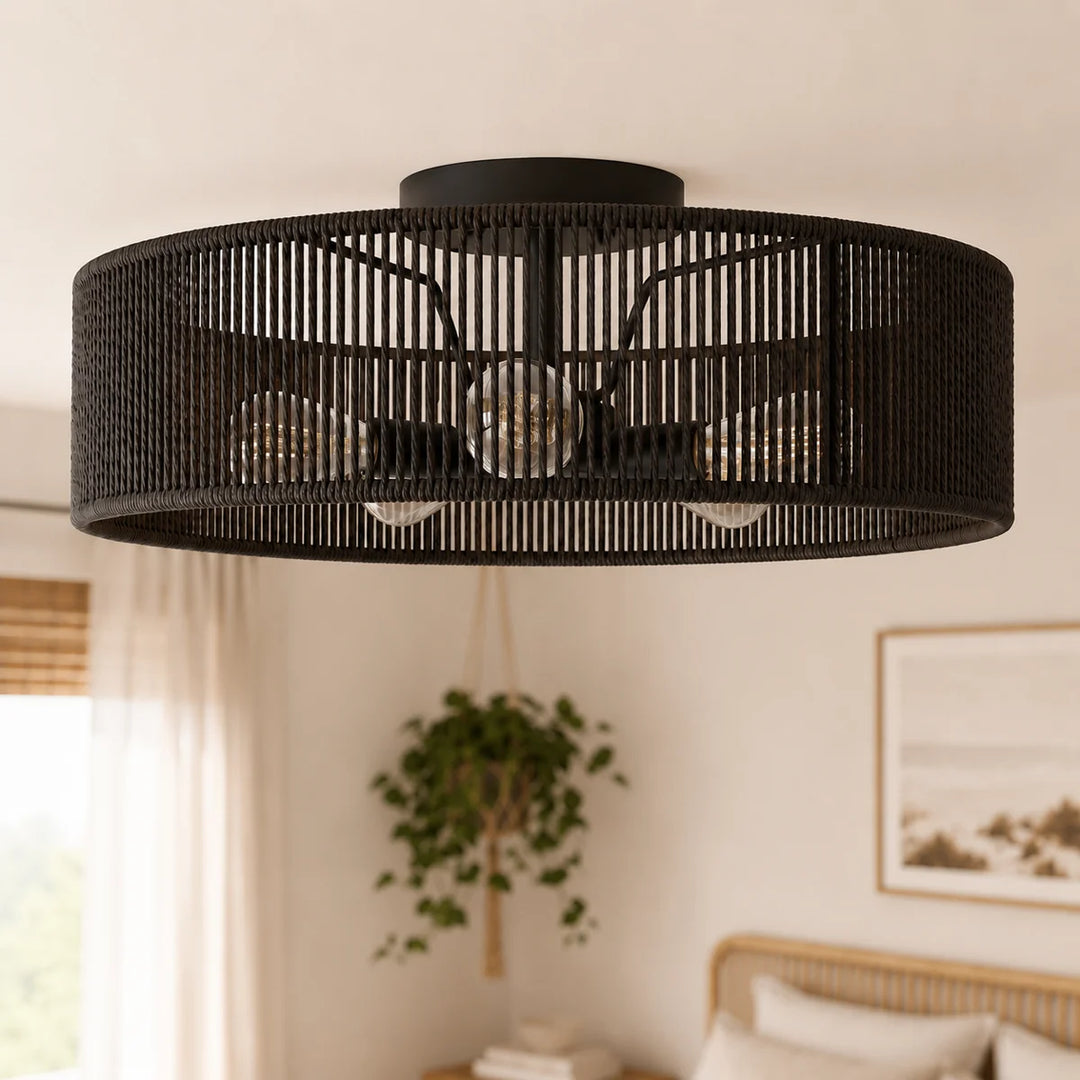 24" 5-Light Polished Brass Rattan Drum Semi-Flush Mount Ceiling Light, Boho Farmhouse Dimmable Fixture for Bedroom & Living Room #53007