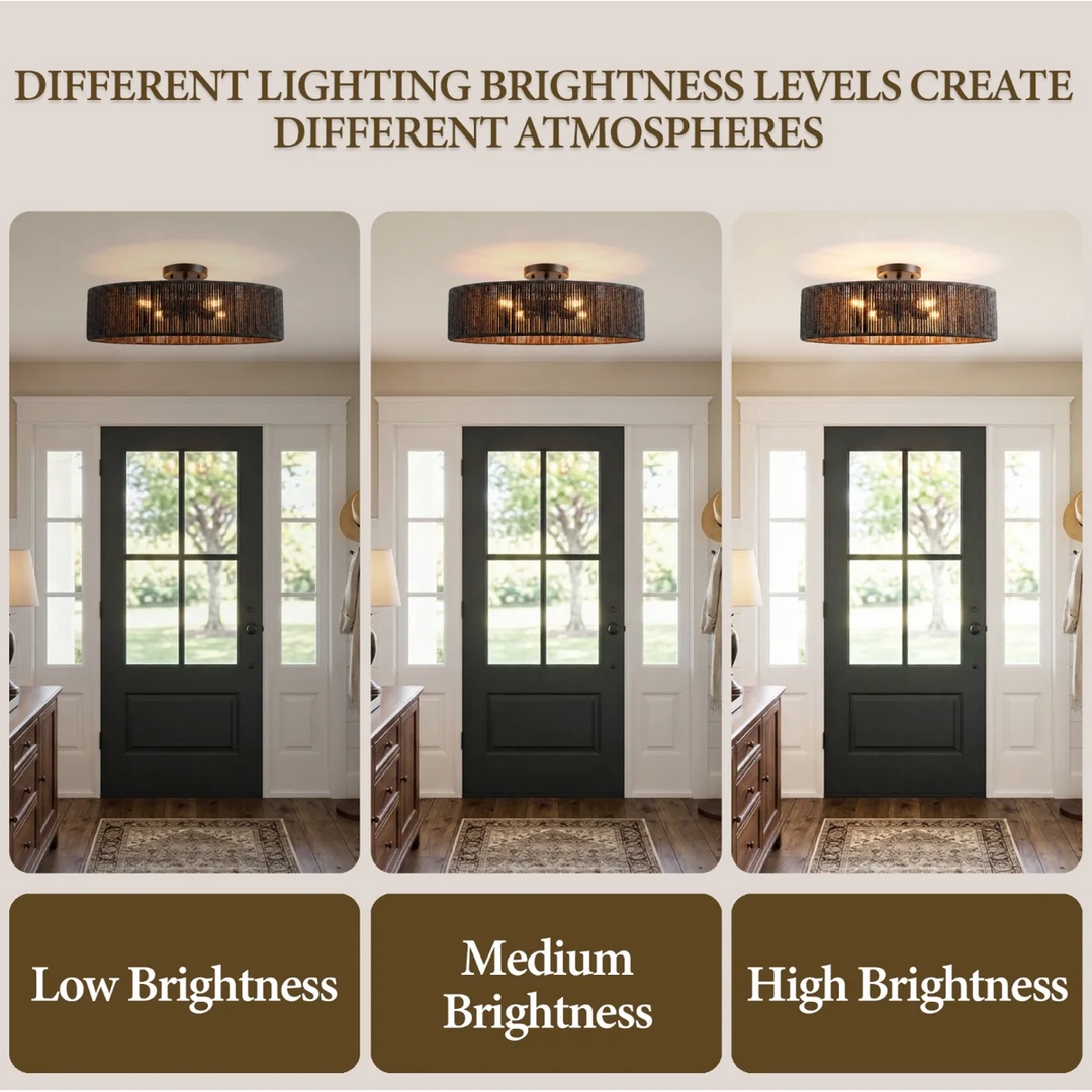 24" 5-Light Polished Brass Rattan Drum Semi-Flush Mount Ceiling Light, Boho Farmhouse Dimmable Fixture for Bedroom & Living Room #53007