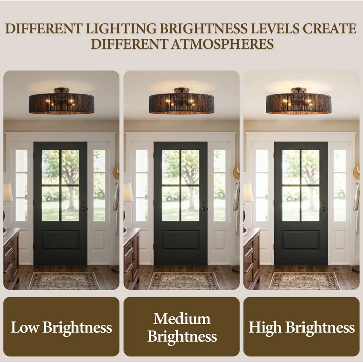 24" 5-Light Polished Brass Rattan Drum Semi-Flush Mount Ceiling Light, Boho Farmhouse Dimmable Fixture for Bedroom & Living Room #53007