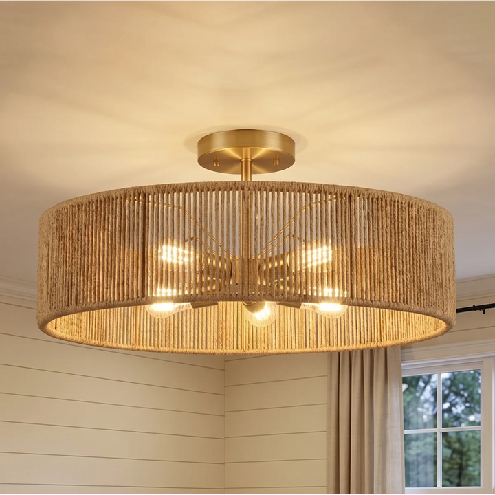 24" 5-Light Polished Brass Rattan Drum Semi-Flush Mount Ceiling Light, Boho Farmhouse Dimmable Fixture for Bedroom & Living Room #53007