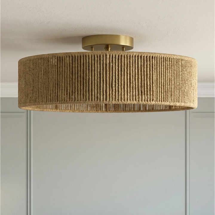 24" 5-Light Polished Brass Rattan Drum Semi-Flush Mount Ceiling Light, Boho Farmhouse Dimmable Fixture for Bedroom & Living Room #53007