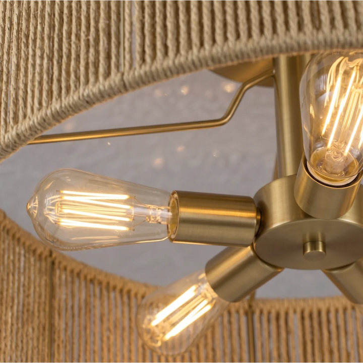 24" 5-Light Polished Brass Rattan Drum Semi-Flush Mount Ceiling Light, Boho Farmhouse Dimmable Fixture for Bedroom & Living Room #53007