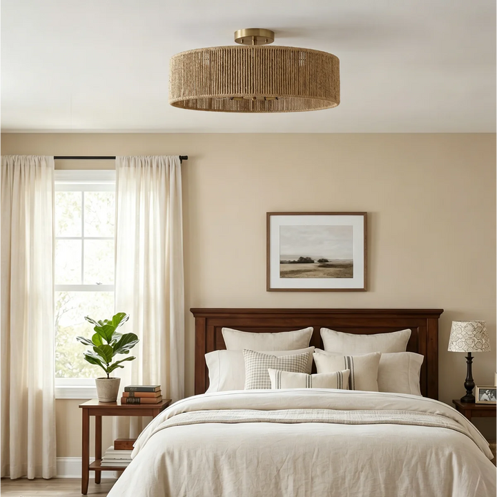 24" 5-Light Polished Brass Rattan Drum Semi-Flush Mount Ceiling Light, Boho Farmhouse Dimmable Fixture for Bedroom & Living Room #53007