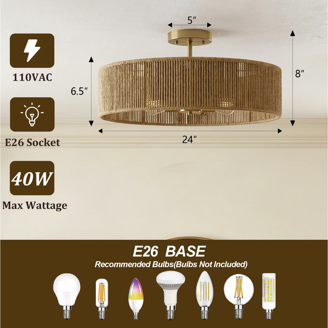 24" 5-Light Polished Brass Rattan Drum Semi-Flush Mount Ceiling Light, Boho Farmhouse Dimmable Fixture for Bedroom & Living Room #53007