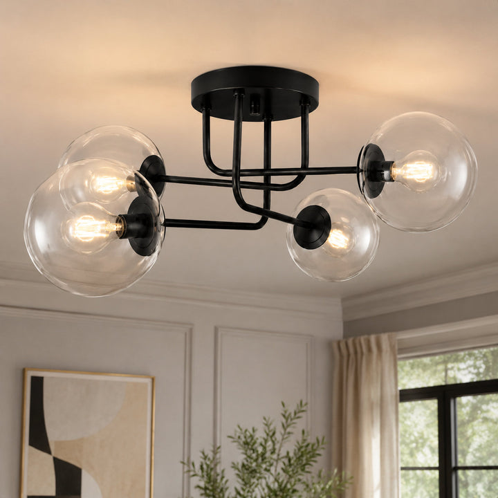 25.5''-4 Lights Linear / Sputnik Modern Matte Black Cloud Glass Semi Flush Mount Lighting for Living Room/Bedroom #29044