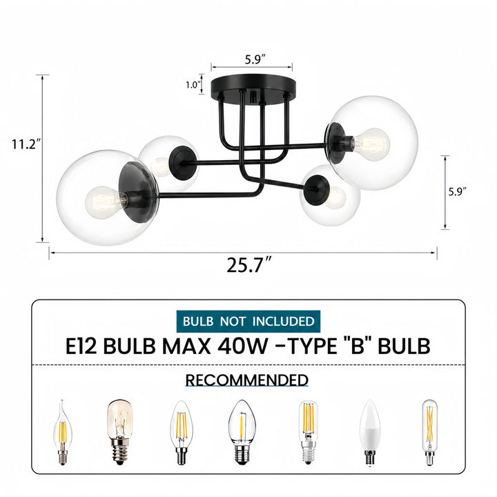 25.5''-4 Lights Linear / Sputnik Modern Matte Black Cloud Glass Semi Flush Mount Lighting for Living Room/Bedroom #29044