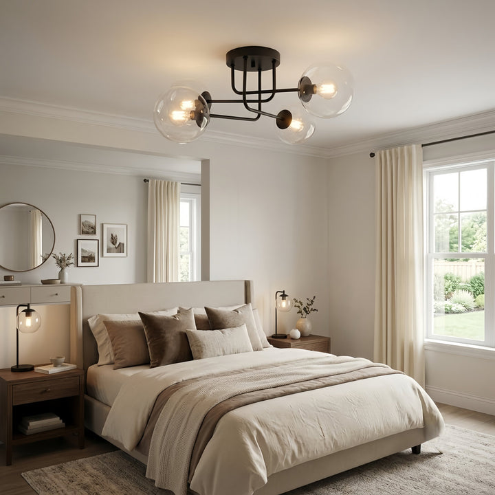 25.5''-4 Lights Linear / Sputnik Modern Matte Black Cloud Glass Semi Flush Mount Lighting for Living Room/Bedroom #29044