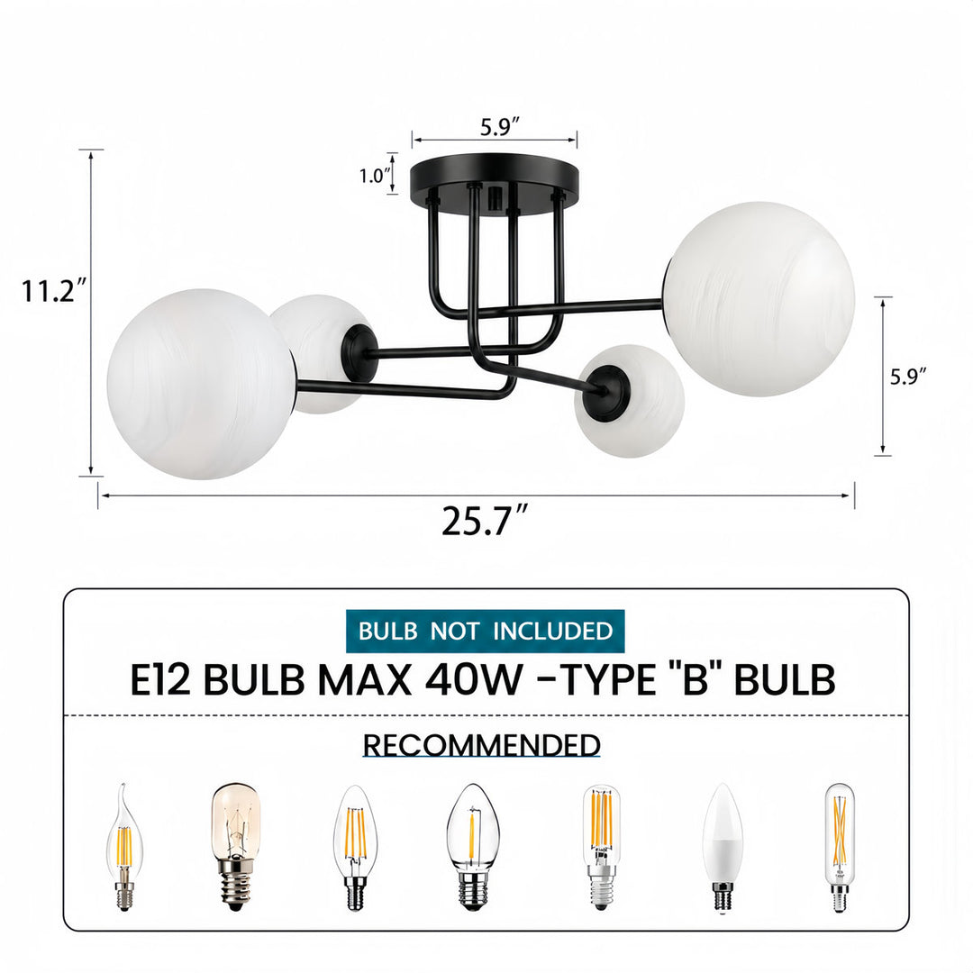25.5''-4 Lights Linear / Sputnik Modern Matte Black Cloud Glass Semi Flush Mount Lighting for Living Room/Bedroom #29044
