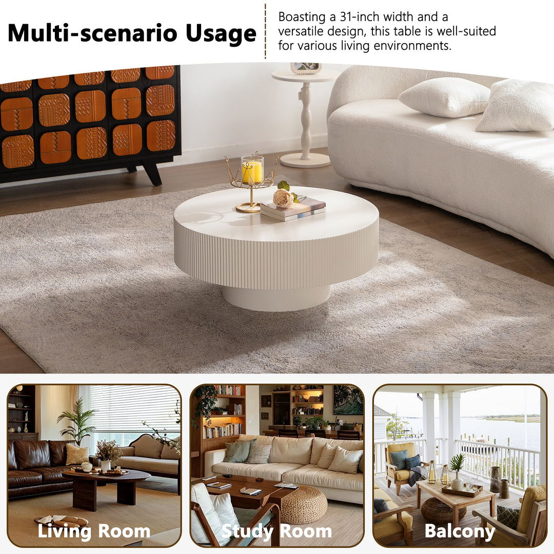 Timeless 31.5 Inch Modern Round Coffee Table With Solid Wood Groove Design For Living Room #25016