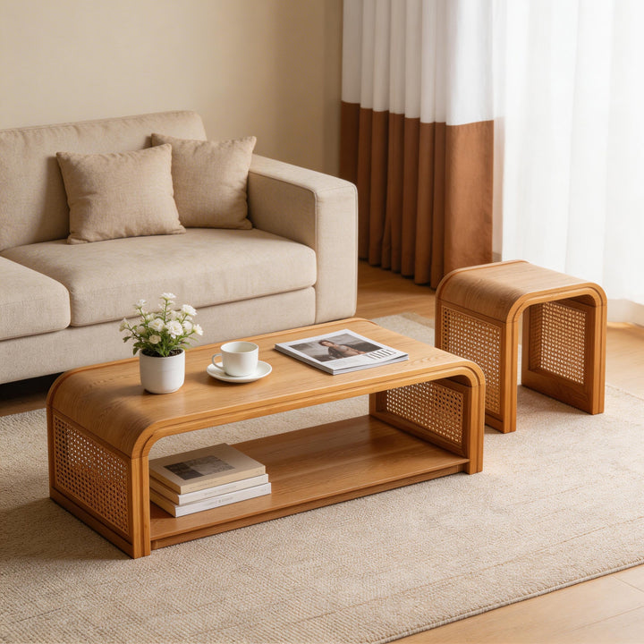 Coterie Rattan Solid Wood Table Set 2-piece With Storage Shelves Retro For Living Room #25041