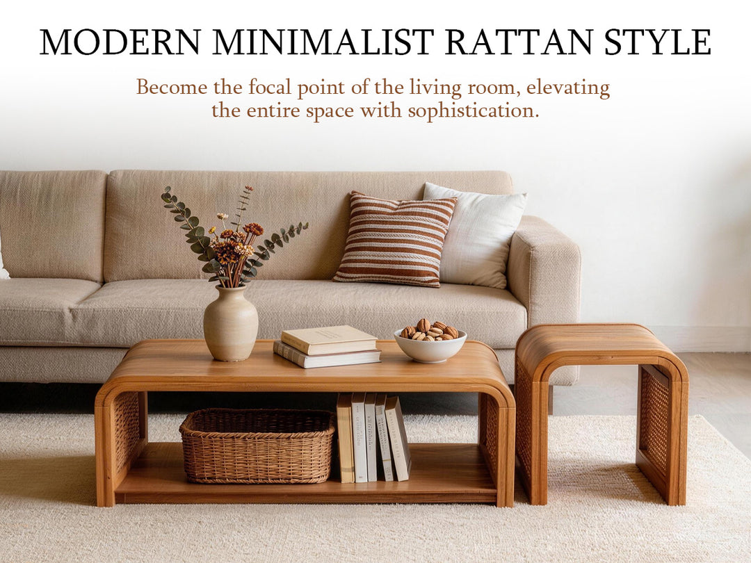 Coterie Rattan Solid Wood Table Set 2-piece With Storage Shelves Retro For Living Room #25041