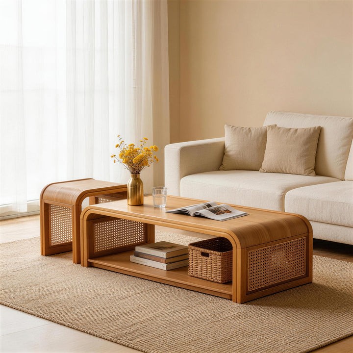 Coterie Rattan Solid Wood Table Set 2-piece With Storage Shelves Retro For Living Room #25041