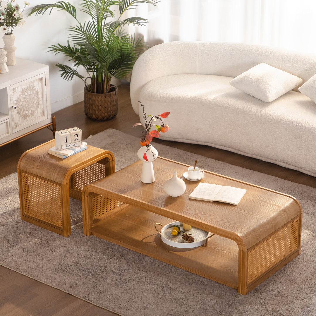 Coterie Rattan Solid Wood Table Set 2-piece With Storage Shelves Retro For Living Room #25041