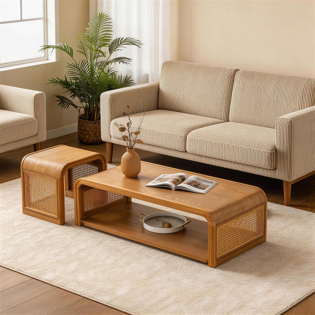 Coterie Rattan Solid Wood Table Set 2-piece With Storage Shelves Retro For Living Room #25041