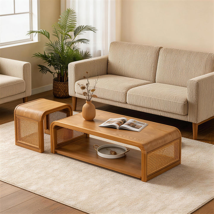 Coterie Rattan Solid Wood Table Set 2-piece With Storage Shelves Retro For Living Room #25041