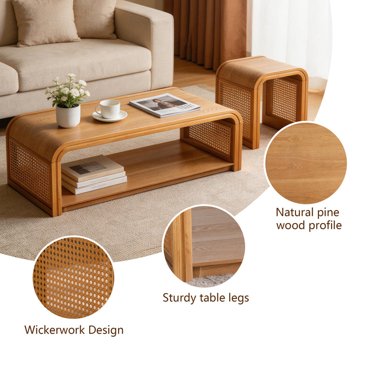 Coterie Rattan Solid Wood Table Set 2-piece With Storage Shelves Retro For Living Room #25041