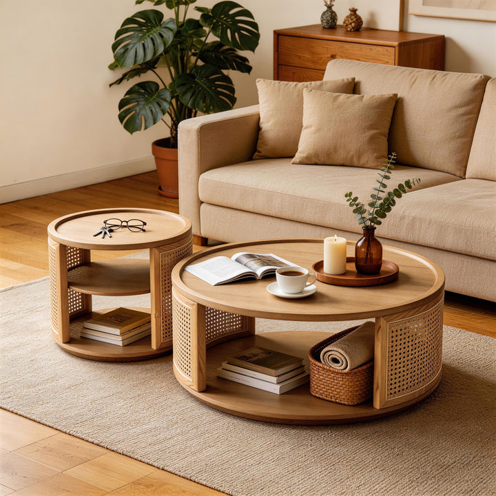 Rattan Woden 2-tier Solid Wood Round Coffee Table For Living Room&bedroom #25044