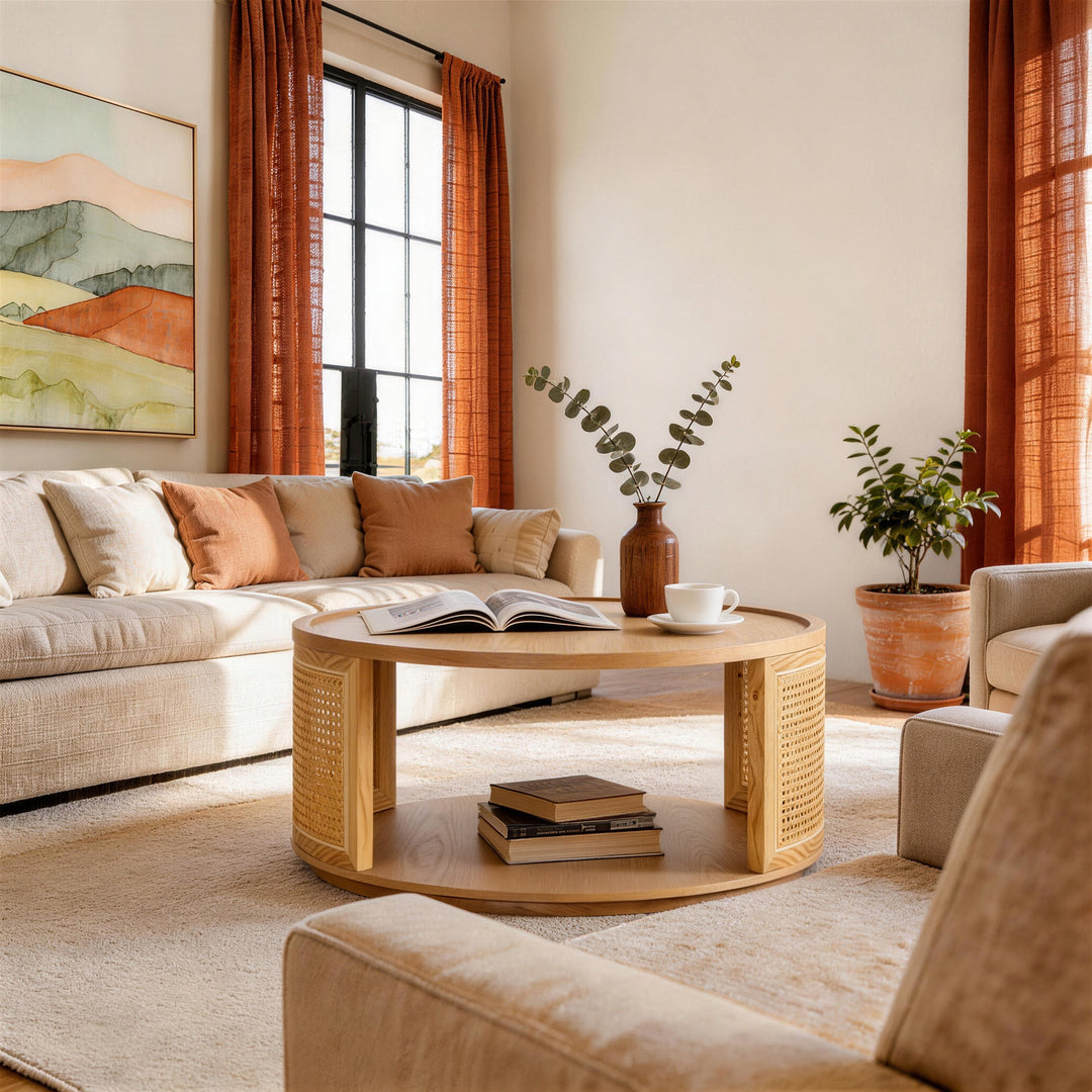 Rattan Woden 2-tier Solid Wood Round Coffee Table For Living Room&bedroom #25044