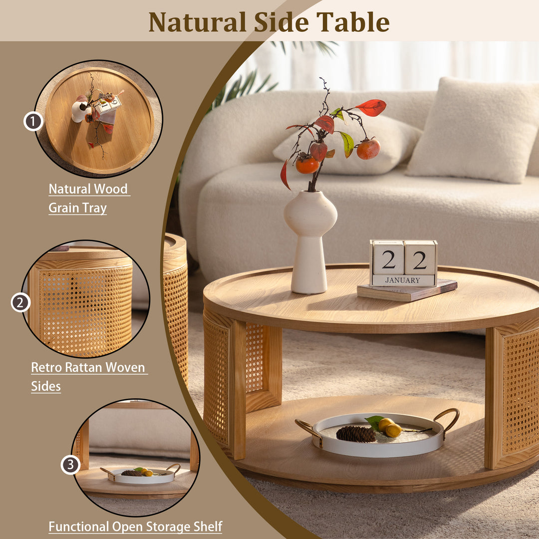 Rattan Woden 2-tier Solid Wood Round Coffee Table For Living Room&bedroom #25044