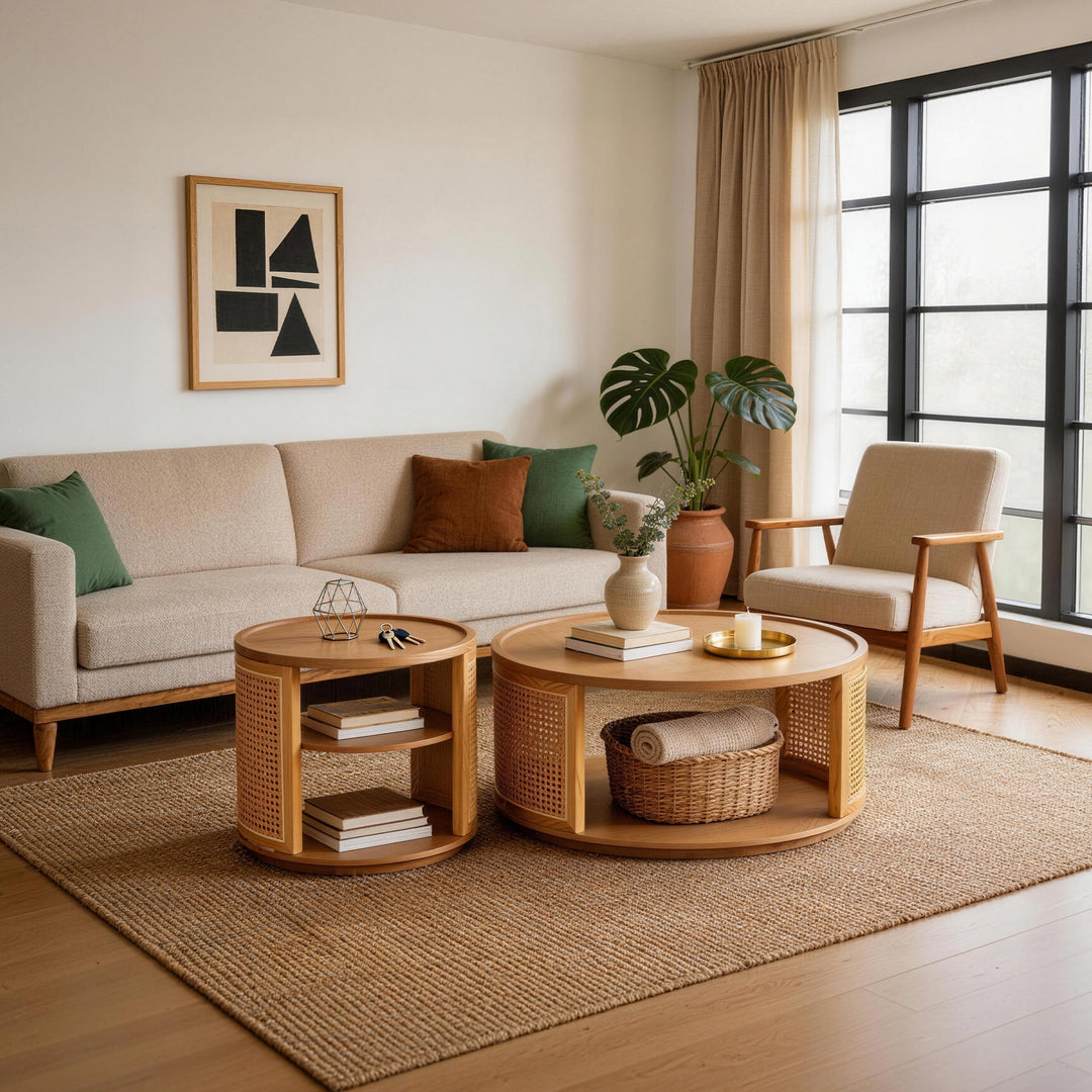 Rattan Woden 2-tier Solid Wood Round Coffee Table For Living Room&bedroom #25044