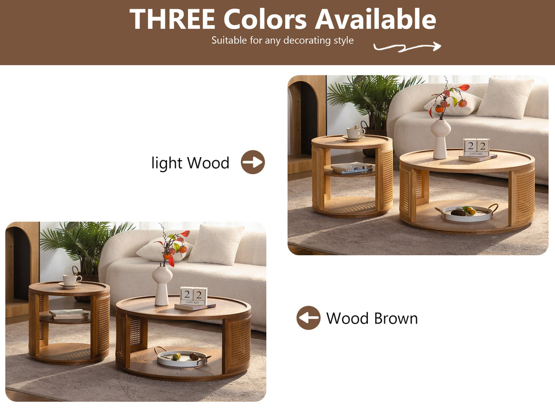 Rattan Woden 2-tier Solid Wood Round Coffee Table For Living Room&bedroom #25044