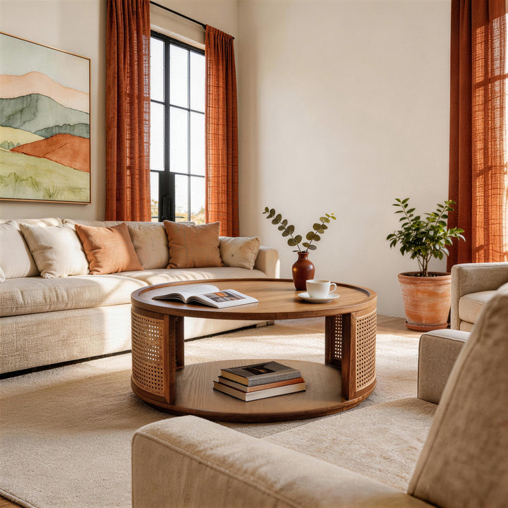 Rattan Woden 2-tier Solid Wood Round Coffee Table For Living Room&bedroom #25044