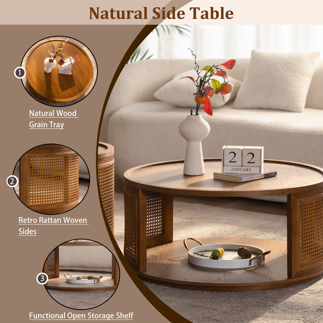 Rattan Woden 2-tier Solid Wood Round Coffee Table For Living Room&bedroom #25044