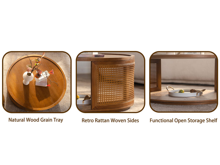 Rattan Woden 2-tier Solid Wood Round Coffee Table For Living Room&bedroom #25044