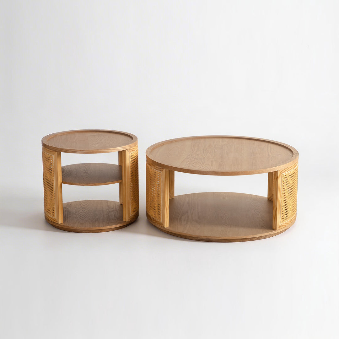 Rattan Woden 2-tier Solid Wood Round Coffee Table For Living Room&bedroom #25044