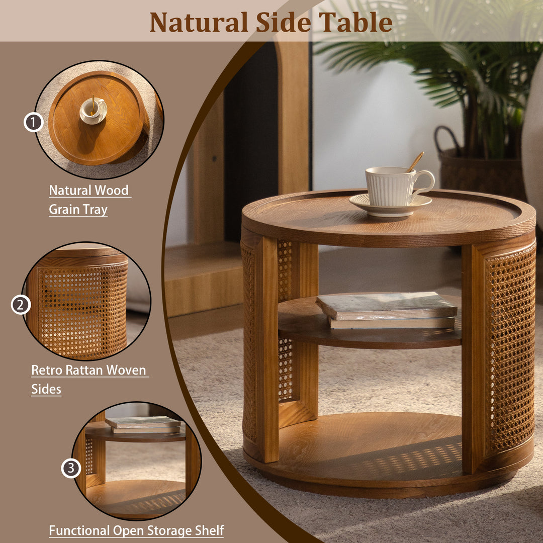 Rattan Woden 2-tier Solid Wood Round Coffee Table For Living Room&bedroom #25044