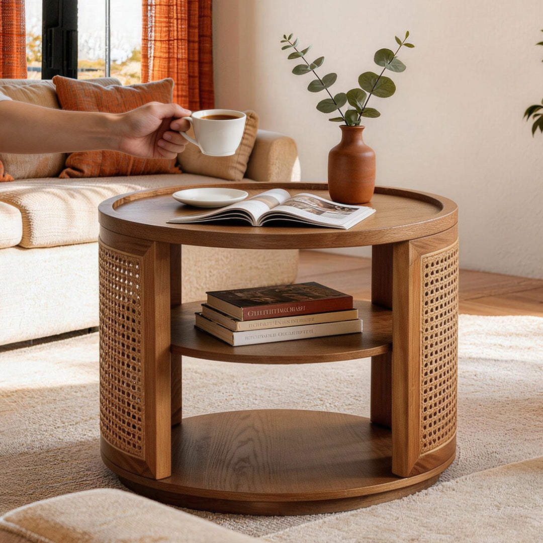 Rattan Woden 2-tier Solid Wood Round Coffee Table For Living Room&bedroom #25044