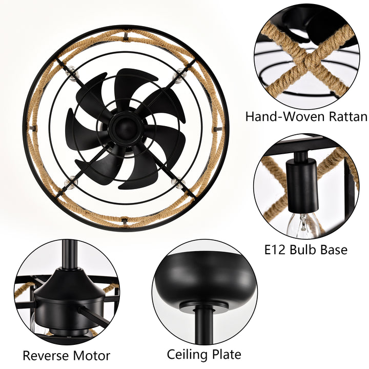 Maxax 19" Boho Caged Low Profile Ceiling Fan with Light and Remote, Stepless Color Temperature & 6 Speeds, Farmhouse Flush Mount Fan for Bedroom, Kitchen, Living Room, Kids Room #26001