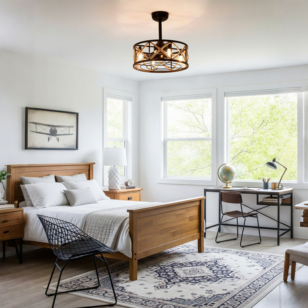 Maxax 19" Boho Caged Low Profile Ceiling Fan with Light and Remote, Stepless Color Temperature & 6 Speeds, Farmhouse Flush Mount Fan for Bedroom, Kitchen, Living Room, Kids Room #26001