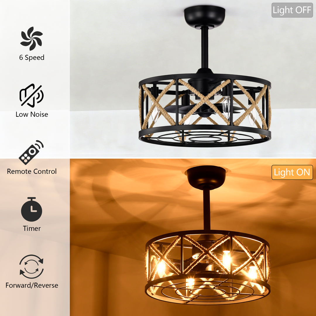 Maxax 19" Boho Caged Low Profile Ceiling Fan with Light and Remote, Stepless Color Temperature & 6 Speeds, Farmhouse Flush Mount Fan for Bedroom, Kitchen, Living Room, Kids Room #26001