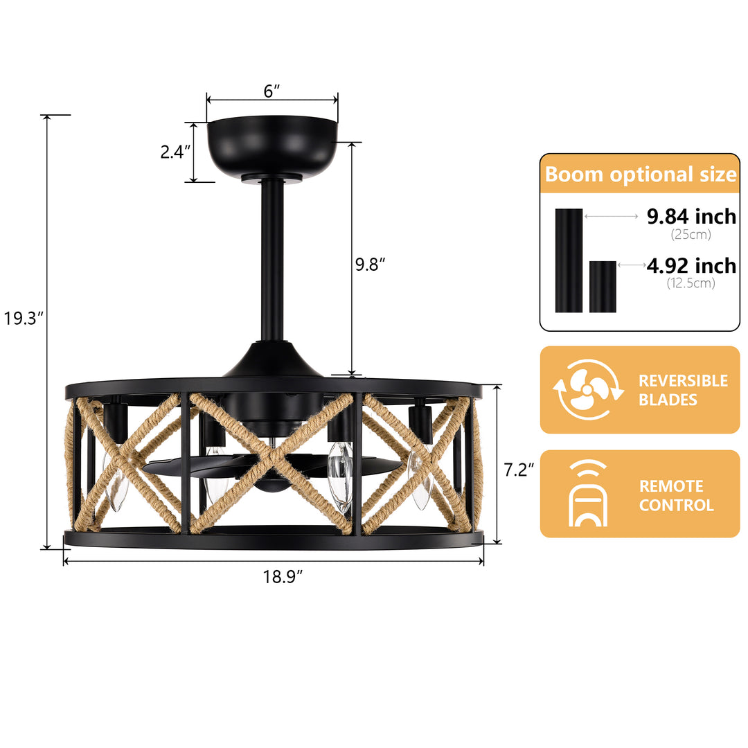 Maxax 19" Boho Caged Low Profile Ceiling Fan with Light and Remote, Stepless Color Temperature & 6 Speeds, Farmhouse Flush Mount Fan for Bedroom, Kitchen, Living Room, Kids Room #26001