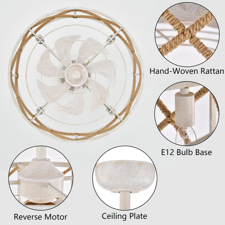 Maxax 19" Boho Caged Low Profile Ceiling Fan with Light and Remote, Stepless Color Temperature & 6 Speeds, Farmhouse Flush Mount Fan for Bedroom, Kitchen, Living Room, Kids Room #26001