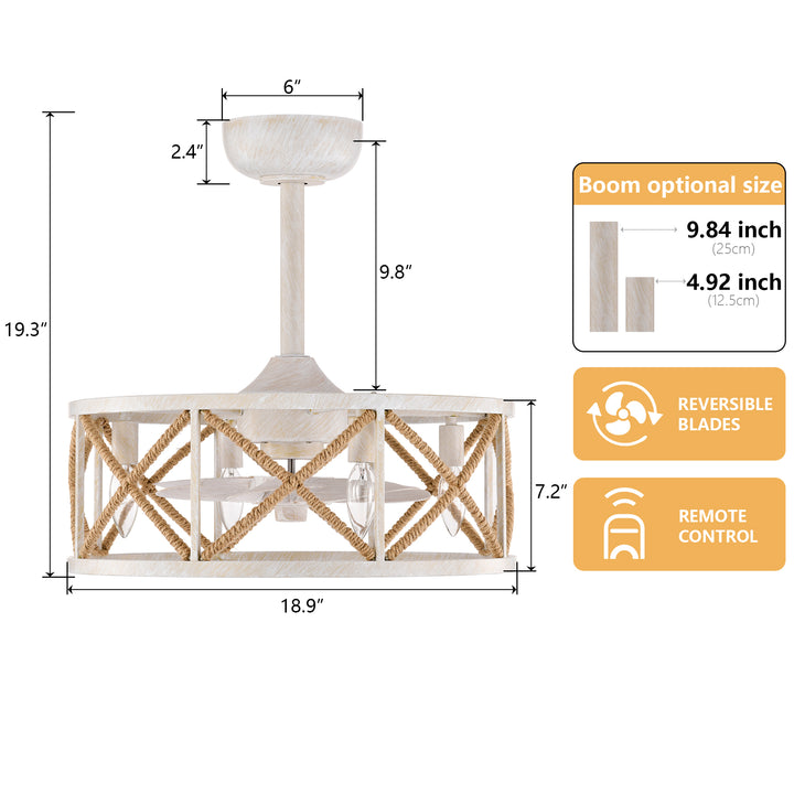 Maxax 19" Boho Caged Low Profile Ceiling Fan with Light and Remote, Stepless Color Temperature & 6 Speeds, Farmhouse Flush Mount Fan for Bedroom, Kitchen, Living Room, Kids Room #26001