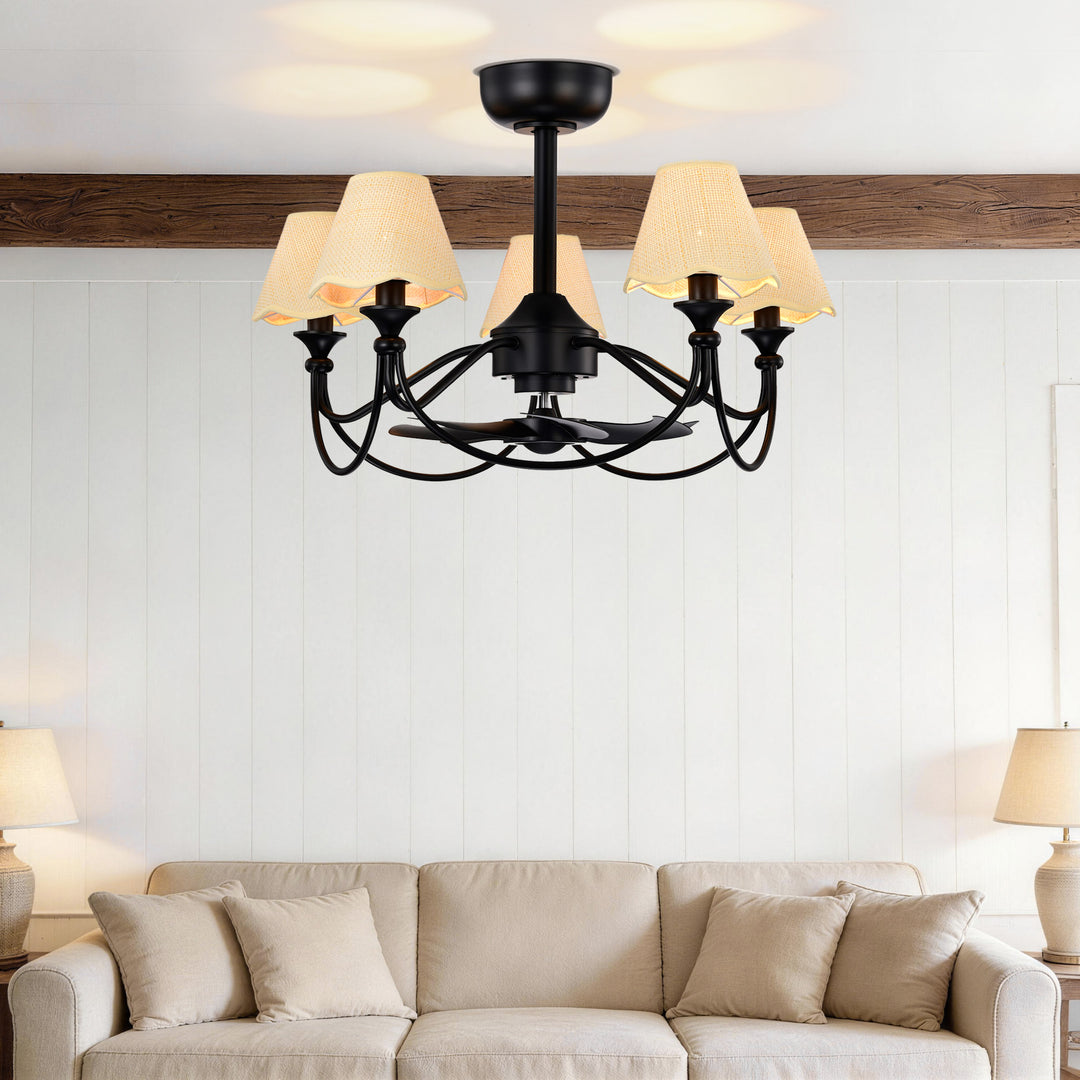 Lustre 28" 5-Light Modern Remote Control Paint Sand Black With Beige Fabric Shade Adjustable Length Fandelier Ceiling Fan With Lighting Kits For Living Room/Bedroom #26014