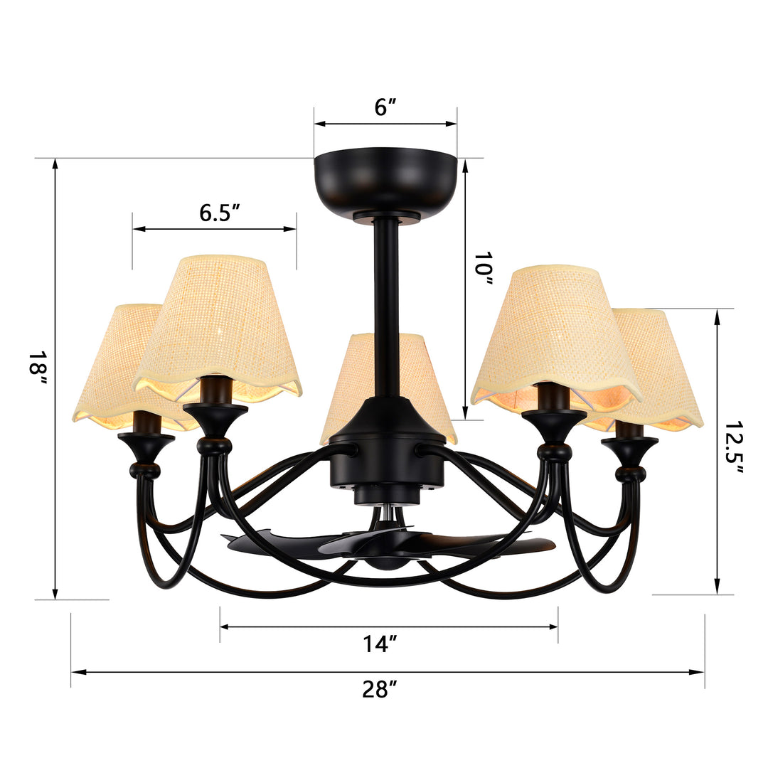 Lustre 28" 5-Light Modern Remote Control Paint Sand Black With Beige Fabric Shade Adjustable Length Fandelier Ceiling Fan With Lighting Kits For Living Room/Bedroom #26014