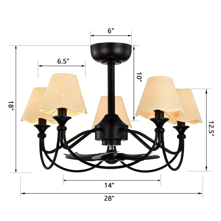 Lustre 28" 5-Light Modern Remote Control Paint Sand Black With Beige Fabric Shade Adjustable Length Fandelier Ceiling Fan With Lighting Kits For Living Room/Bedroom #26014