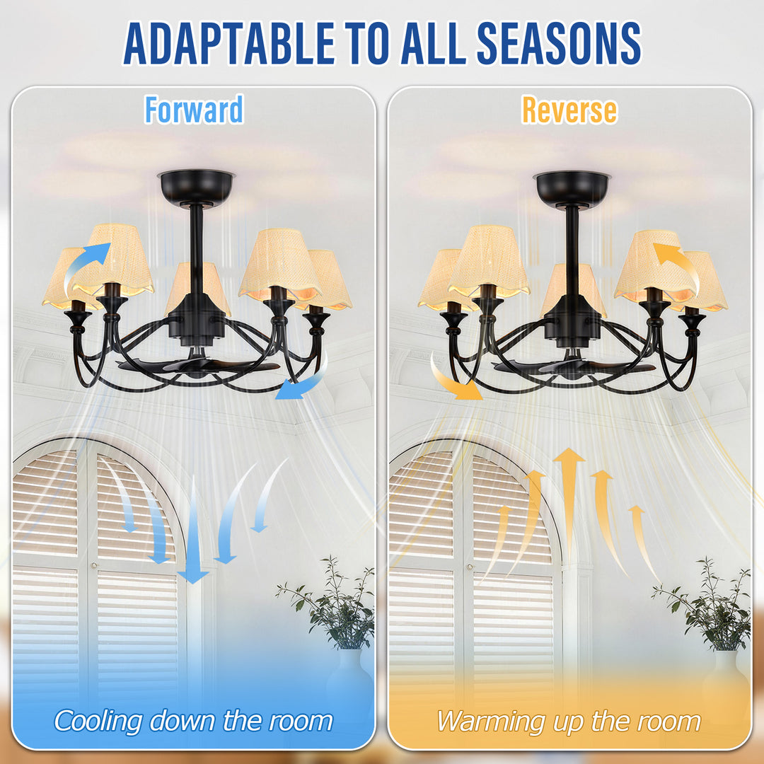 Lustre 28" 5-Light Modern Remote Control Paint Sand Black With Beige Fabric Shade Adjustable Length Fandelier Ceiling Fan With Lighting Kits For Living Room/Bedroom #26014