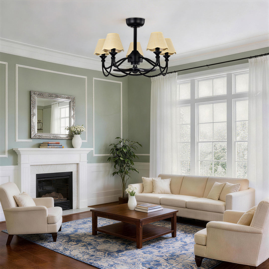 Lustre 28" 5-Light Modern Remote Control Paint Sand Black With Beige Fabric Shade Adjustable Length Fandelier Ceiling Fan With Lighting Kits For Living Room/Bedroom #26014