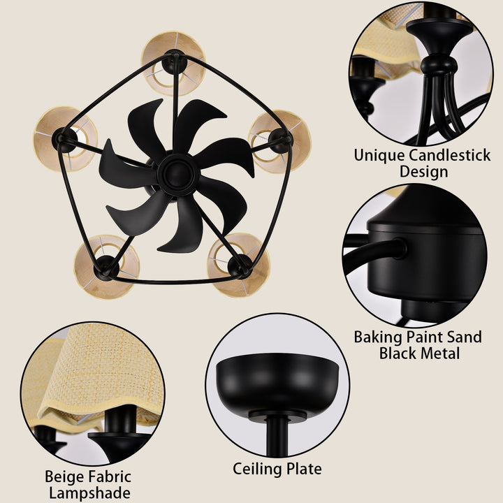 Lustre 28" 5-Light Modern Remote Control Paint Sand Black With Beige Fabric Shade Adjustable Length Fandelier Ceiling Fan With Lighting Kits For Living Room/Bedroom #26014
