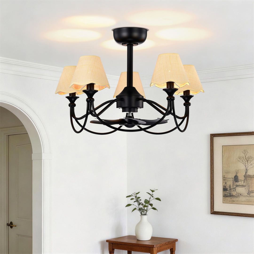 Lustre 28" 5-Light Modern Remote Control Paint Sand Black With Beige Fabric Shade Adjustable Length Fandelier Ceiling Fan With Lighting Kits For Living Room/Bedroom #26014