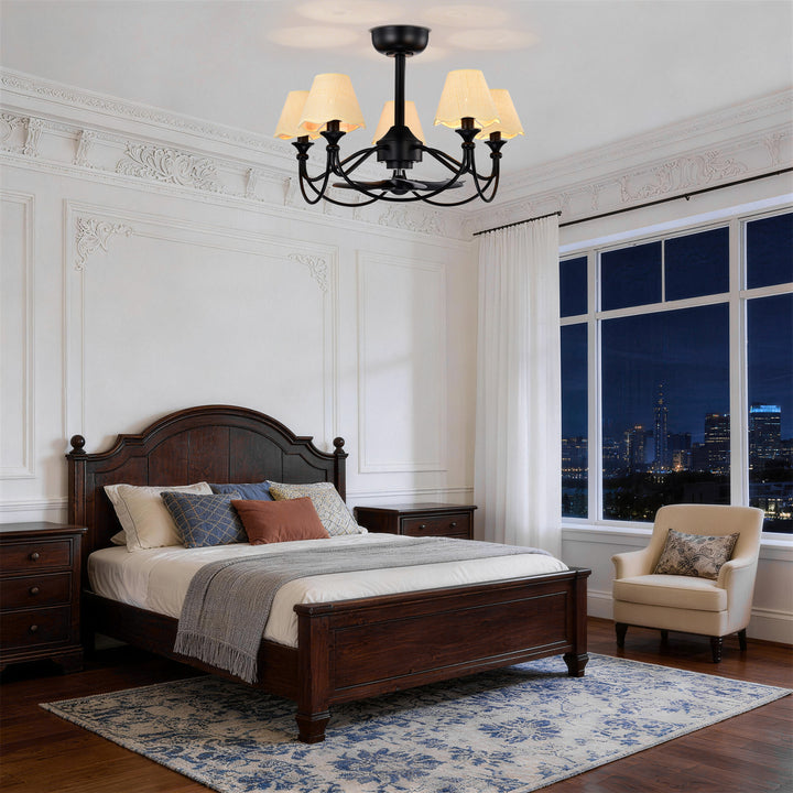 Lustre 28" 5-Light Modern Remote Control Paint Sand Black With Beige Fabric Shade Adjustable Length Fandelier Ceiling Fan With Lighting Kits For Living Room/Bedroom #26014