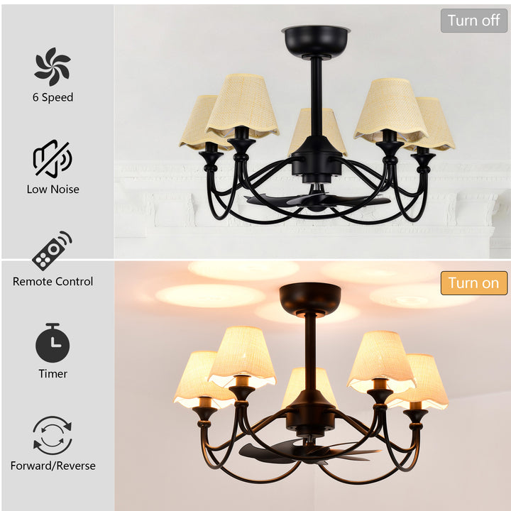 Lustre 28" 5-Light Modern Remote Control Paint Sand Black With Beige Fabric Shade Adjustable Length Fandelier Ceiling Fan With Lighting Kits For Living Room/Bedroom #26014
